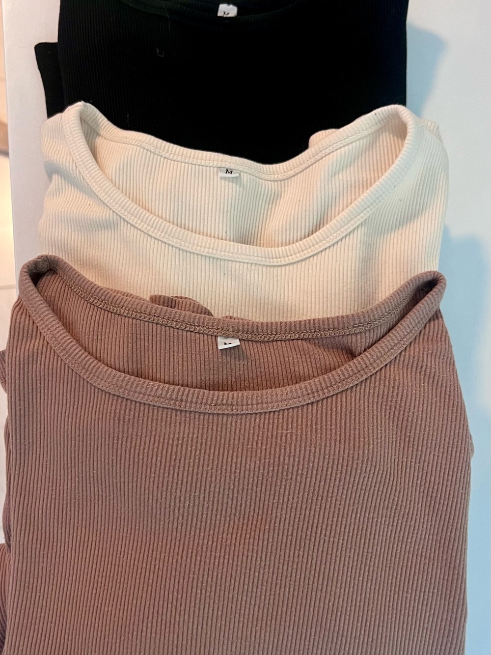 Three Ribbed long sleeve Tops - Black, Cream, Taupe (3-Pack)